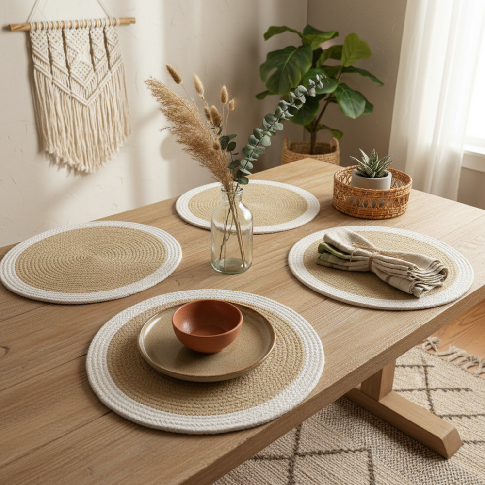 Set of 4 Braided Round Placemats 15" | Woven Boho Table Mats | Reversible Cotton